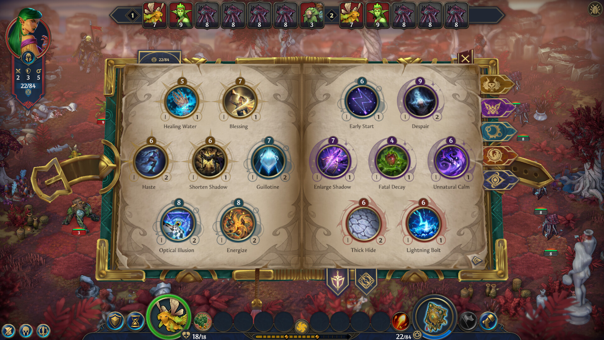 The Spellbook UI — spells organized by tier across multiple tabs