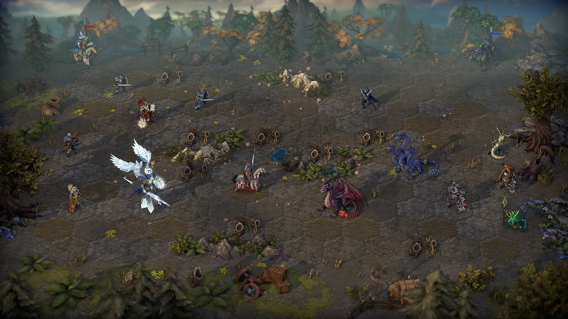 Haven units in a field engagement — Paladins forward, ranged units working behind